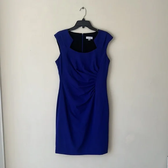 Calvin Klein Womens shift sheath dress zip up back knee length ruched blue nwot - Picture 3 of 10